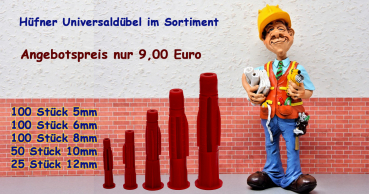 Sortiment Universaldübel "UNIVERS" 100Stk.5mm / 100Stk.6mm / 100Stk.8mm / 50Stk.10mm / 25Stk.12mm mit Kragen