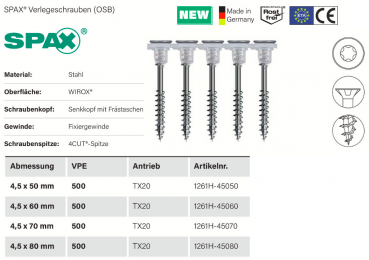 500 Magazinschrauben, Spax Verlegeschraube (OSB) 4,5x60mm TX20