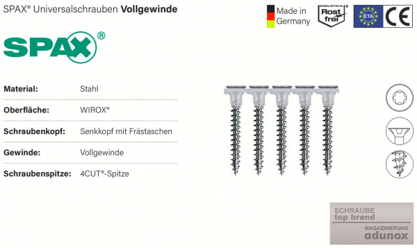 500 Magazinschrauben, Spax Universalschraube Vollgewinde 4,0x45mm TX20