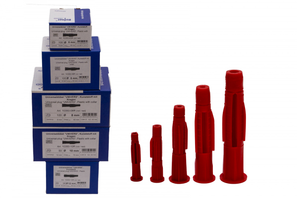 Sortiment Universaldübel "UNIVERS" 100Stk.5mm / 100Stk.6mm / 100Stk.8mm / 50Stk.10mm / 25Stk.12mm mit Kragen